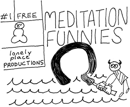 The cover of Meditation Funnies number 1, a black and white minicomic. A small imp with devil horns and a striped shirt/dress draws an ensō (circle symbol in Zen calligraphy) with a large paintbrush against a background of ocean waves. 