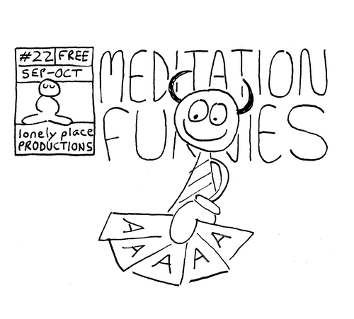 Cover of a minicomic. The imp from Meditation Funnies smiles and reveals a poker hand: 5 aces. 