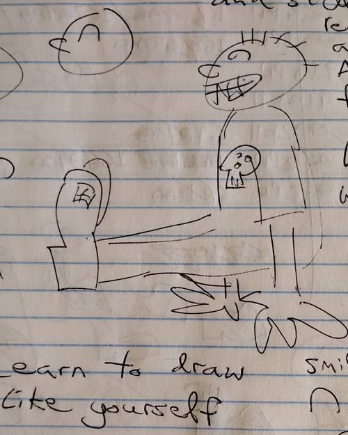 Doodles in ballpoint pen on lined paper. A man in a skull tee shirt with an exaggerated grin and smiling eyes like the symbol for the intersection of 2 sets, supporting himself on his hands with his legs straight in front of him. His shoe is shiny. The words, Learn to draw like yourself.