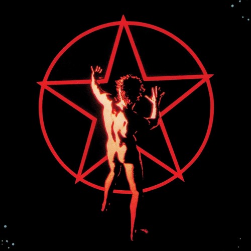 Image from promotional material for the album 2112 by the band Rush. A naked man standing with his hands up defensively in front of a big red five-pointed star. 