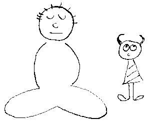 Simple cartoony drawing of a man sitting cross-legged with downcast eyes. Standing next to him, a small imp with devil horns and a striped shirt/dress rolls their eyes. 