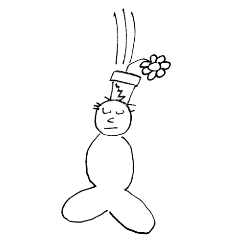 A flower pot falls out of the sky onto the head of the meditating man. 