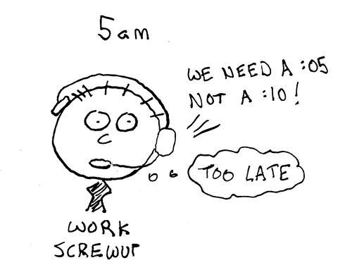 5 a.m. Our man wears a headset. Thru the earpiece someone shouts, We need a 5, not a 10! Too late, the man thinks. Caption: Work screw-up. 