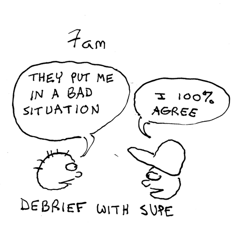 7 a.m. Caption: Debrief with supe. Our man says, They put me in a bad position. Another man, wearing a baseball cap, says, I one hundred percent agree. 