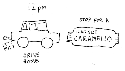 12 p.m. A car goes putt putt. Drive home. Stop for a King Size Caramello (candy bar). 