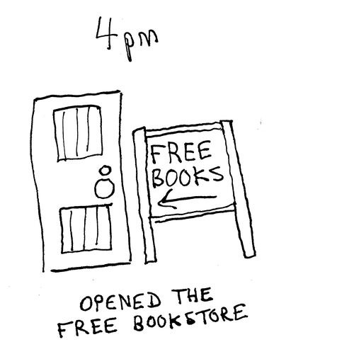 4 p.m. Next to a door, a sign that says Free Books. Caption: Opened the free bookstore. 