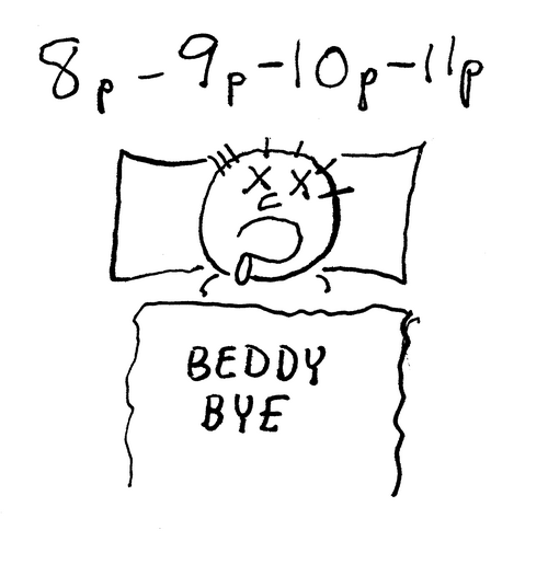 8, 9, 10, 11 PM. Our man is knocked out and drooling. Caption: Beddy bye. 