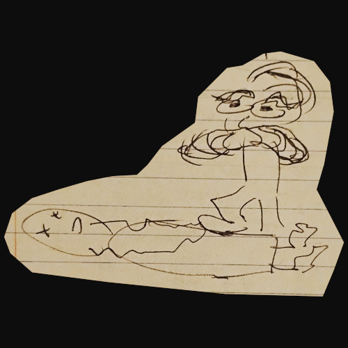 Sketchy pen drawing. One figure lies dead. Long beard, robe, exes for eyes. Another figure stands over him, setting a foot atop his body in a conquering gesture. Massive huge mustache and eyebrows, crazy eyes. 