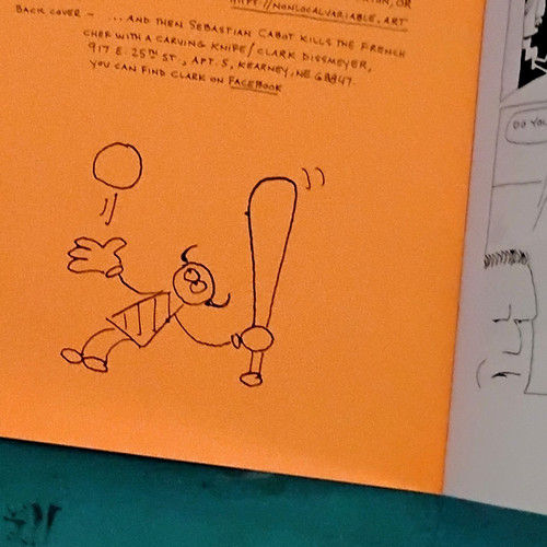 Inside cover of the comic. The imp from Meditation Funnies is tossing himself a ball about to swing a bat. 