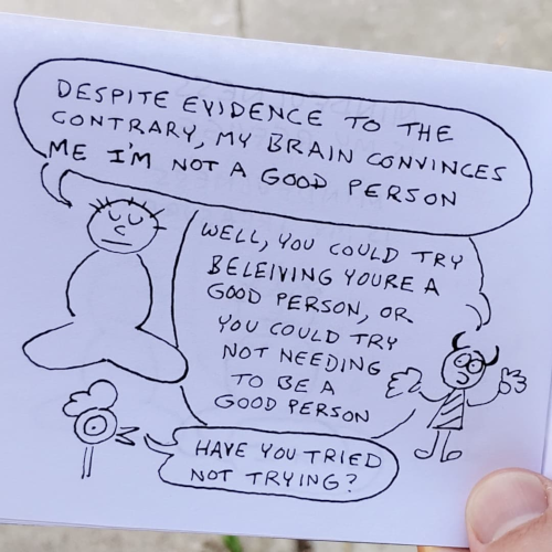 Our boy sits in meditation posture saying, Despite evidence to the contrary, my brain convinces me I'm not a good person. The Imp says, Well, you could try believing you're a good person, or you could try not needing to be a good person. The chicken says, Have you tried not trying?
