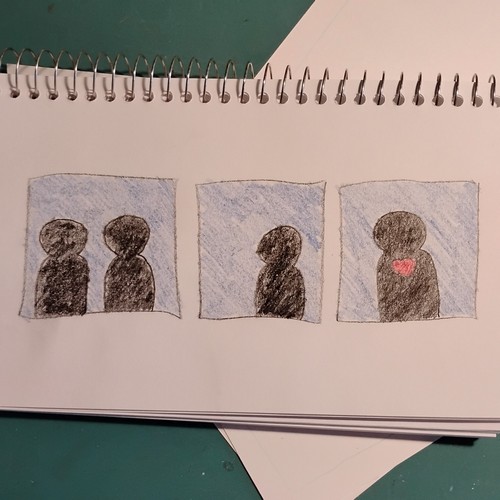 A sketchbook page containing a 3-panel comic strip in colored pencil. All 3 panels have a blue background. Panel 1: two black silhouettes. Panel 2: one of the silhouettes has left, the other one is now alone. Panel 3: a single silhouette with a red heart. 