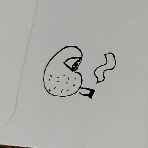 Pen drawing imitating Philip Guston. Kind of a potato guy, in a contemplative mood, in profile, one big eye, smoking a cigarette. 