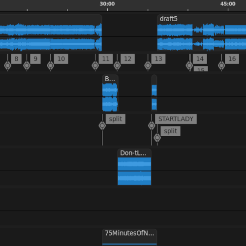 A collection of waveforms in an audio editor application. 