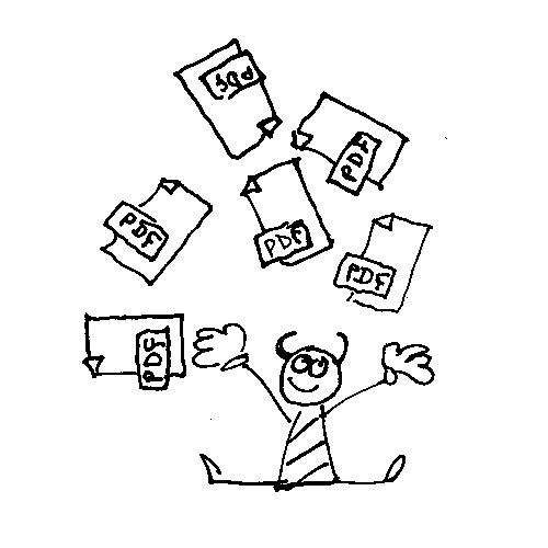 The imp, smiling, throws 6 PDF files into the air. 