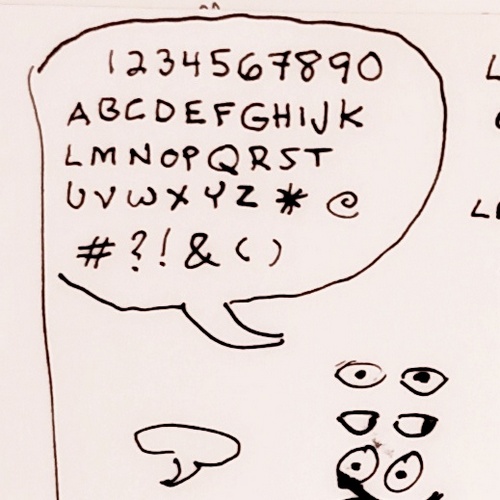 The numbers one thru zero, the alphabet, punctuation marks inside a speech balloon. 