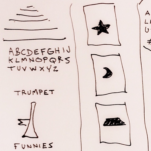 Symbols inside boxes. Progressively longer lines. Another alphabet. A medieval trumped with the words Trumpet Funnies. 