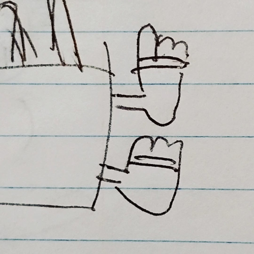 Crude ballpoint pen on notebook paper drawing of feet in sandals. A couple of lines and squiggles really.  