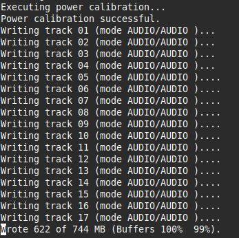 Unix terminal session. White text, black background. List of processes executed in the course of burning a CD. 