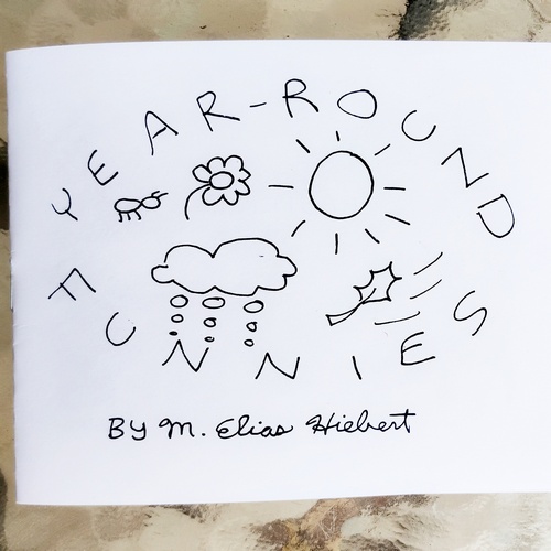 The cover of a minicomic. Year Round Funnies. Black & white pen drawings. A bug and a flower, a shining sun, a leaf in the wind, a cloud raining snow. 