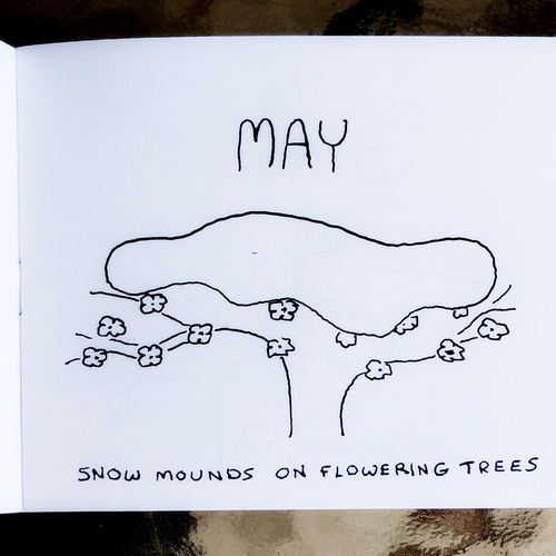 Page from a minicomic. May. Snow mounds on flowering trees. A crabapple in bloom, creaking under a big, heavy pile of snow.  