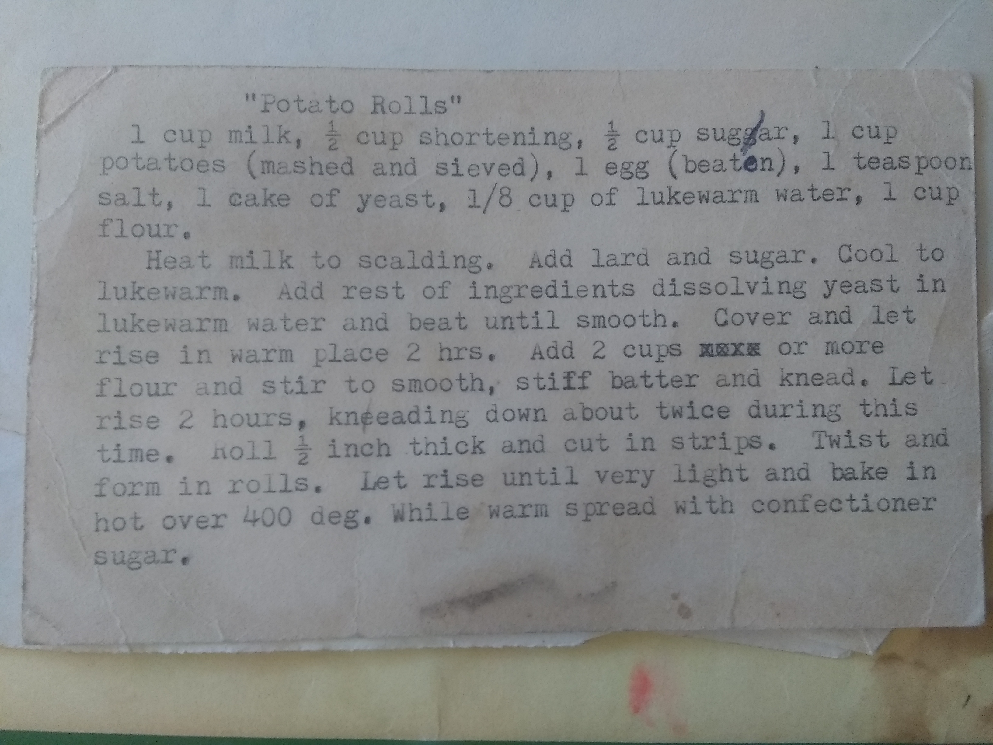 Typewritten card from Mom's recipe book