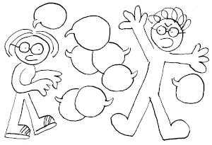 Simple cartoony drawing of two people having an argument. One is a small woman with glasses and sandals. She is holding her hands up in front of her, a little defensively. The other is a tall man with glasses curly hair. He is waving his arms. Between them are a bunch of overlapping, empty word balloons. 
