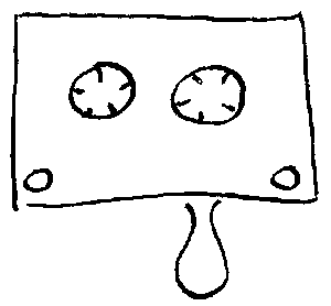 Simple, cartoony drawing of a cassette tape. There is a little loop of unspooled tape dripping out the bottom. 