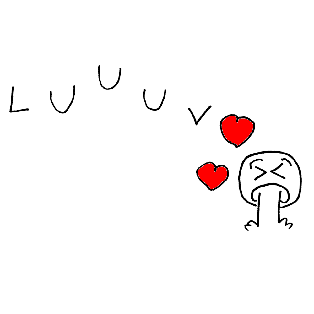 Cover image. Simple pen drawing. The letters LUUUV scattered around with a couple red hearts and a face vomiting. 